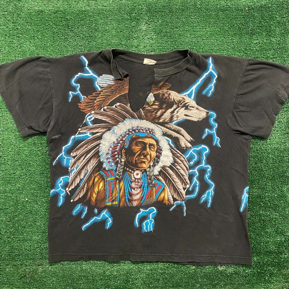 Vintage 90s American Thunder Native American Wolf T-Shirt Single Stitch Western